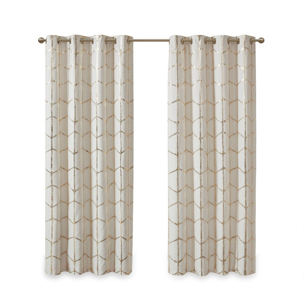 Total Blackout Metallic Print Grommet Top Curtain Panel Only 1 Pc Panel Ivory Gold Microfiber