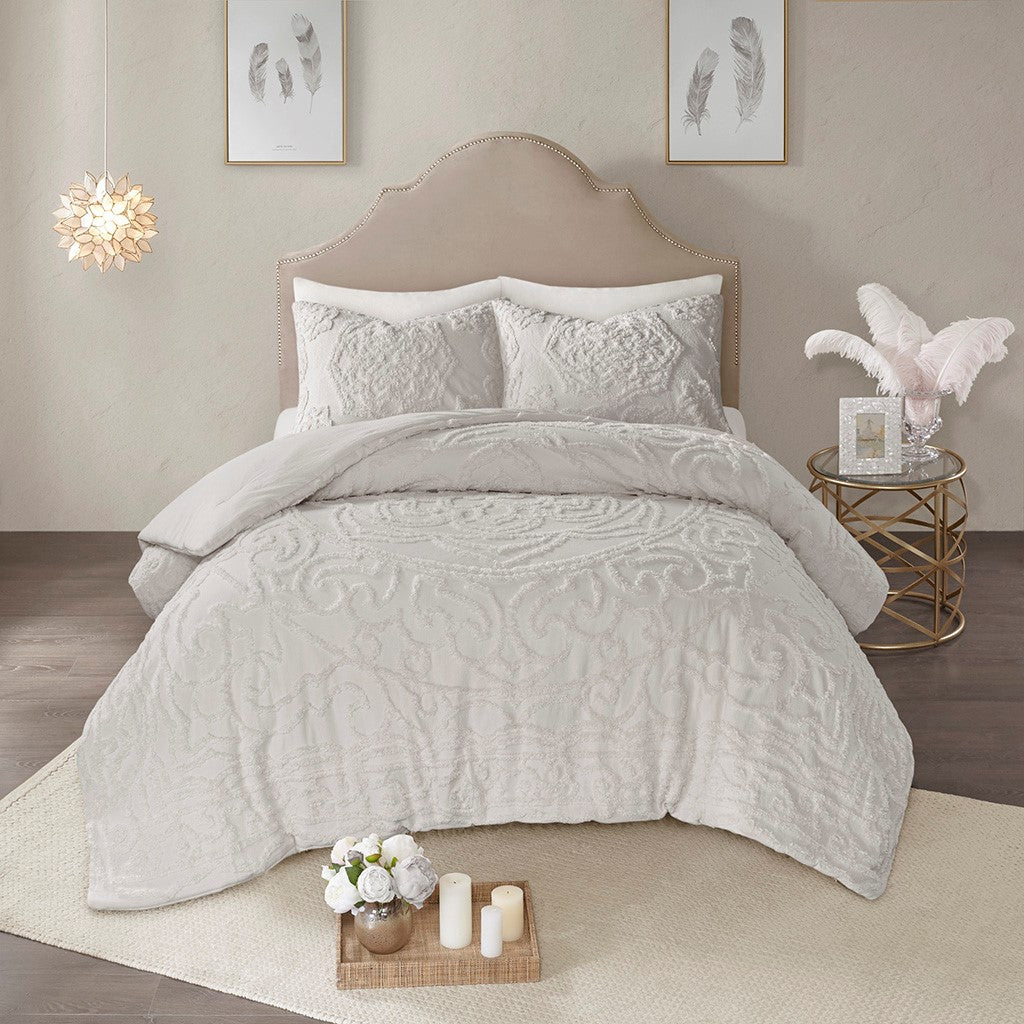 3 Piece Tufted Cotton Chenille Medallion Comforter Set Grey King Cal King King Grey Cotton