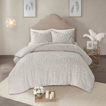 3 Piece Tufted Cotton Chenille Medallion Comforter Set Grey King Cal King King Grey Cotton