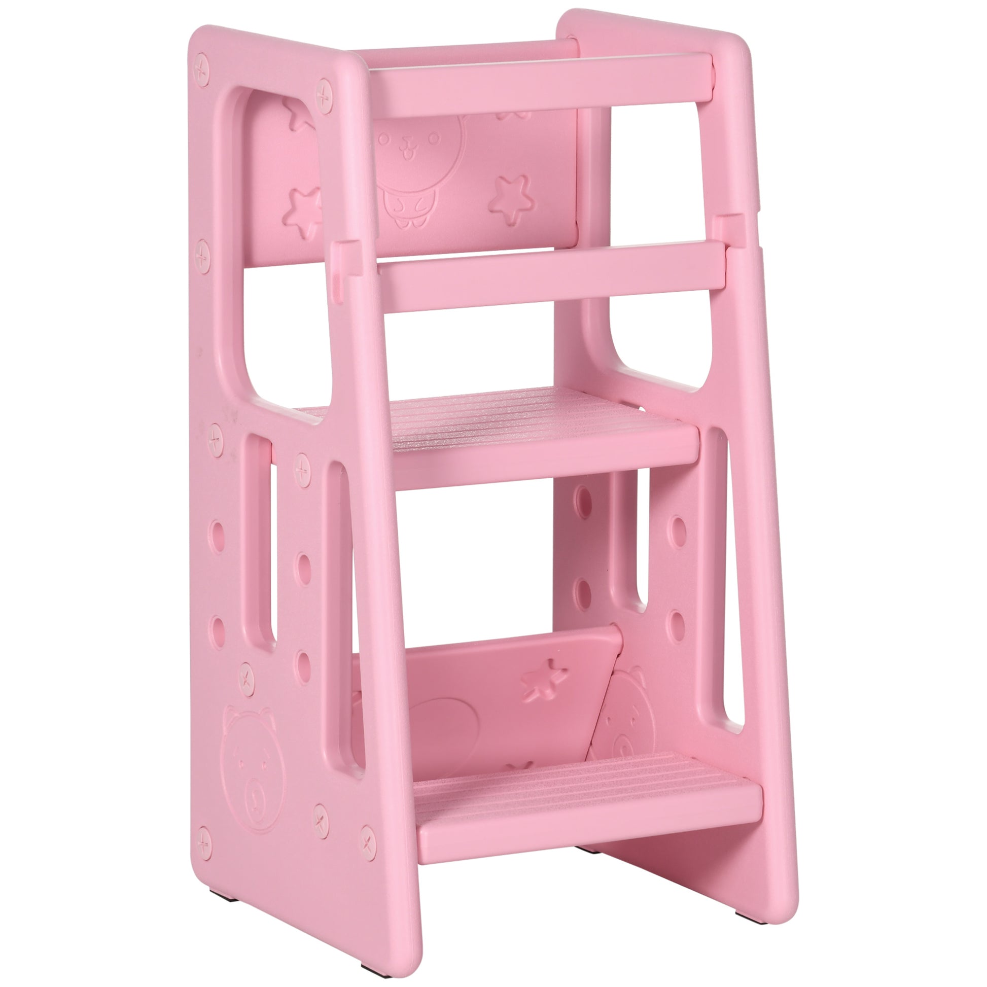 Qaba Toddler Tower With Adjustable Height, Toddler Kitchen Stool Helper With Anti Slip Mat, Step Stool For Kitchen, Bathroom, Pink Pink Hdpe