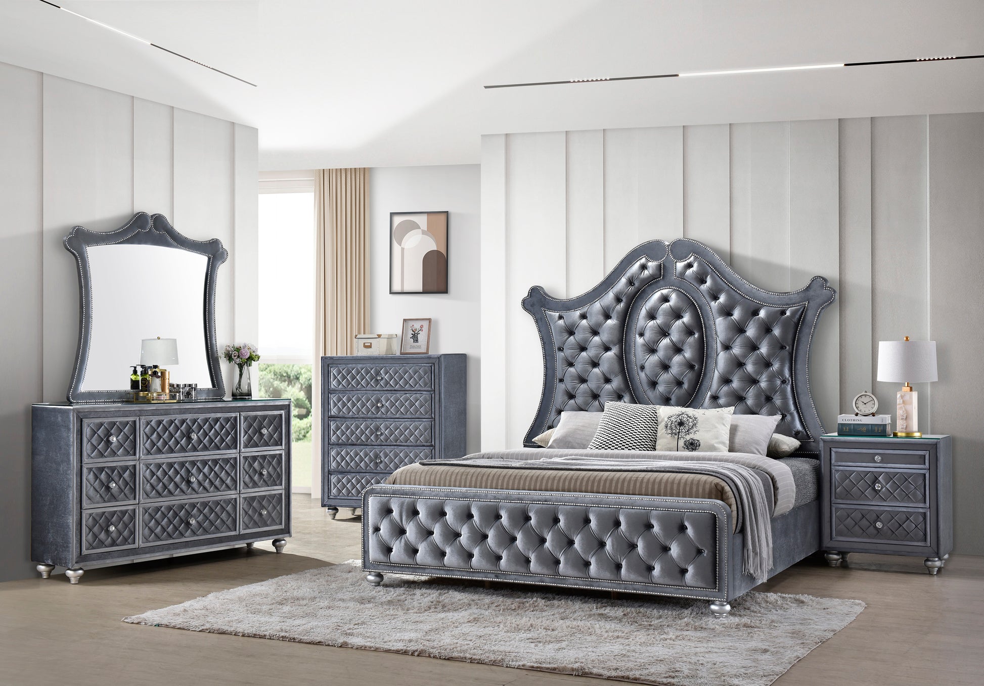 1Pc Glam 9 Drawer Dresser W Tempered Glass Top Velvet Tufted Drawer Front Faux Crystal Drawer Knobs Bedroom Furniture Gray Bedroom Glam Wood 1Pc Glam 9 Drawer Dresser W Tempered Glass Top Velvet Tufted Drawer Front Faux Crystal Drawer Knobs Bedroom Furniture Gray Bedroom Glam Wood