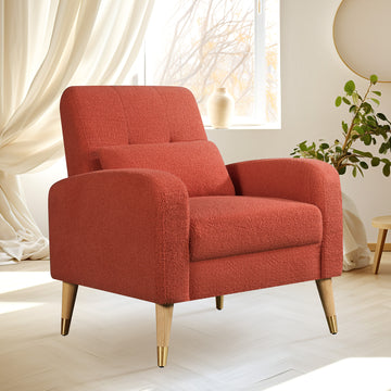 Mid Century Modern Accent Chair, Upholstered Armchair Living Room Chair, Comfy Single Sofa Chair With Metal Legs, Polyester Fabric Chair For Living Room Bedroom Red Sherpa