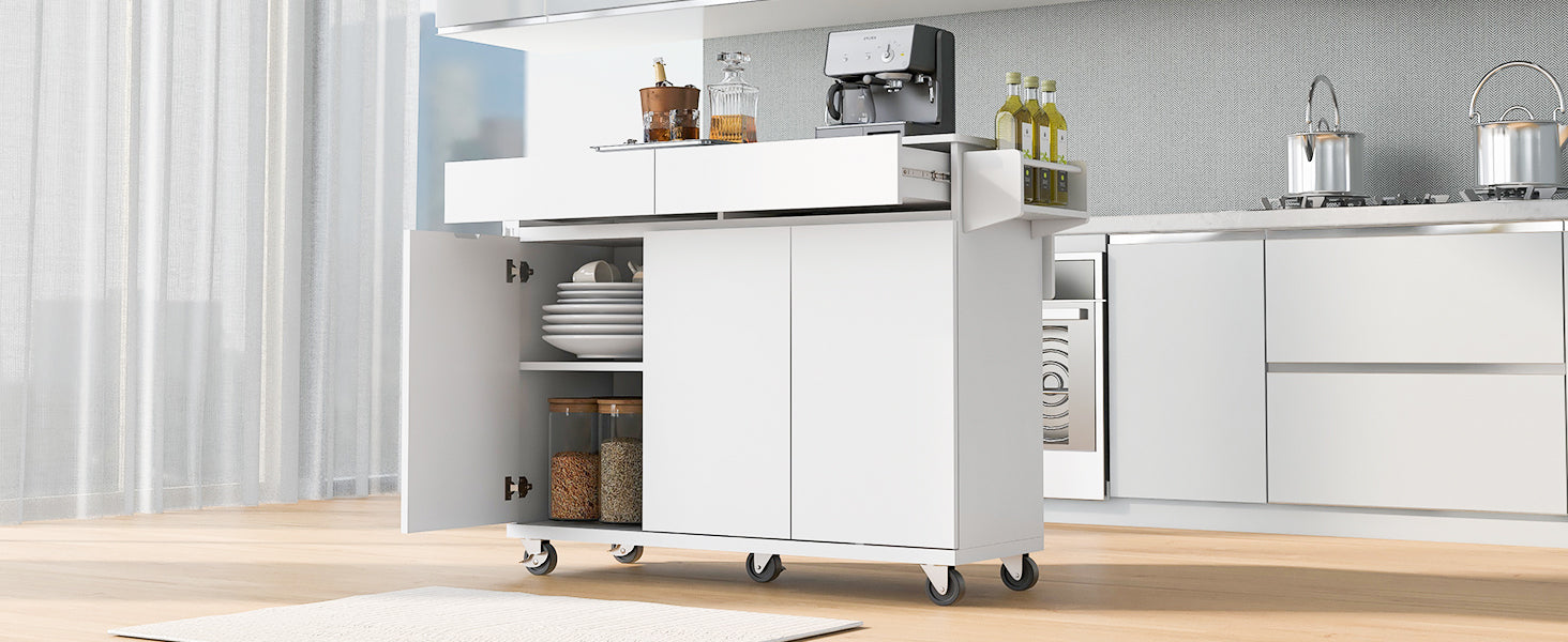 K&K 53.2'' Kitchen Island With Drop Leaf, Kitchen Storage Cart With Spice Rack, Towel Rack And 2 Drawers, Rolling Kitchen Island On Wheels With Adjustable Shelves For Kitchen, Dining Room, White White Brown Kitchen Artsy,Casual,Classic,Minimalist,Modern