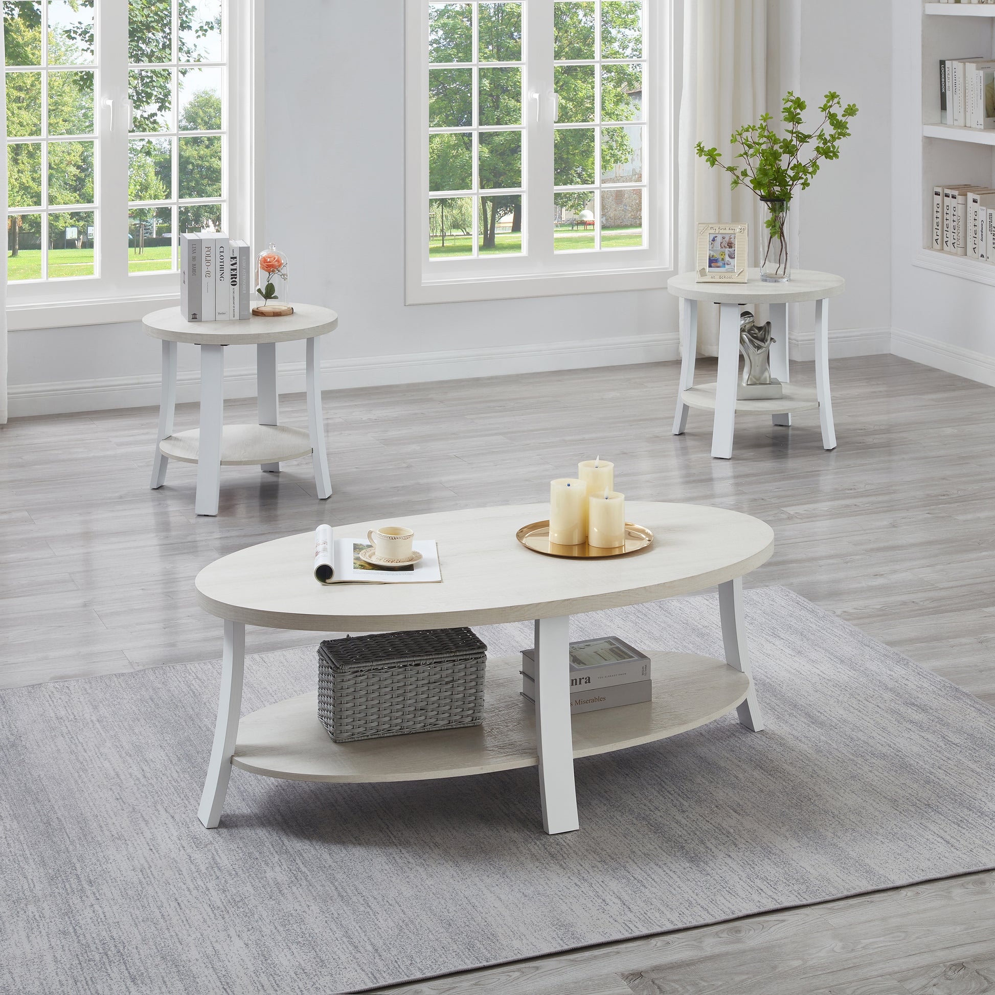 Anze Contemporary Oval Wood Shelf 3 Piece Coffee Table Set White Primary Living Space Coffee & End Tables Mdf