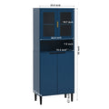 Tall Storage Show Cabinet With 2 Glass Display Door & 2 Doors, Tall Kitchen Pantry Cabinet With Gold Handles, Modern Cabinet Freestanding For Bathroom, Dining Living Room, Blue Blue Mdf