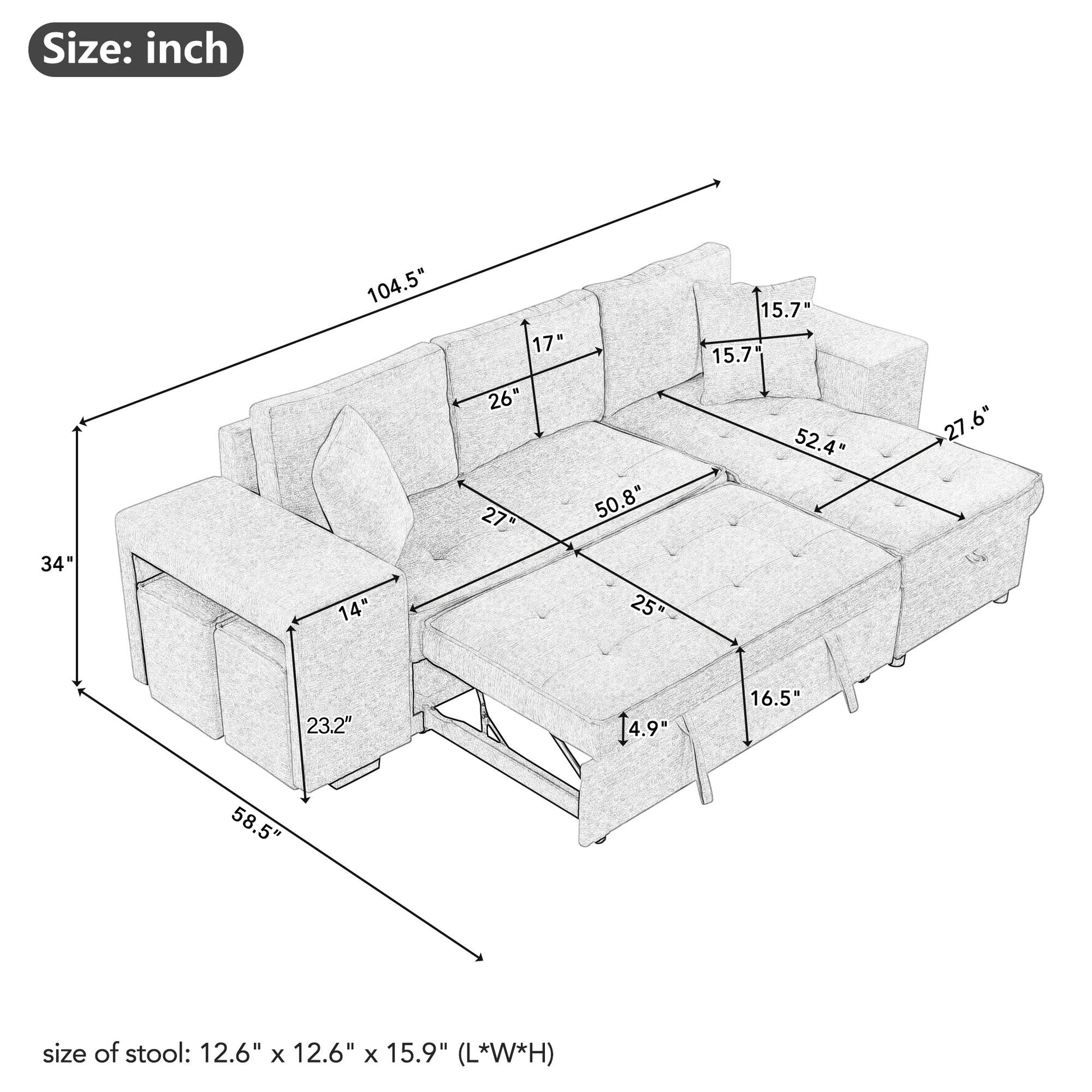 104.5" Modern L Shape 3 Seat Reversible Sectional Couch, Pull Out Sleeper Sofa With Storage Chaise And 2 Stools For Living Room Furniture Set, Cream Cream Foam Chenille 3 Seat