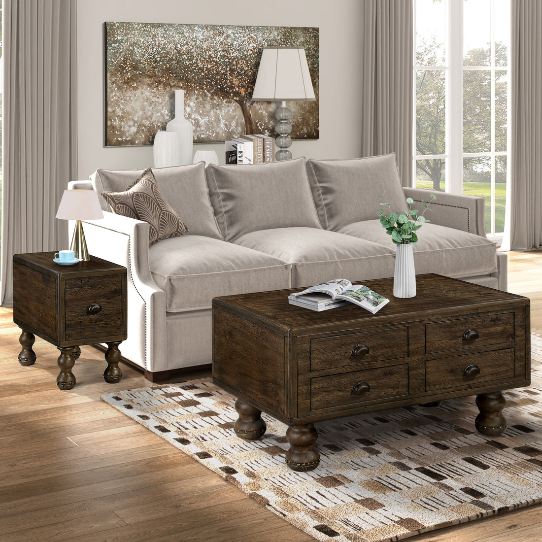 Rectangle Living Room Coffee Table Set, 3 Piece Solid Wood Living Room Table Set, 1 Coffee Table And 2 End Table, Wood Center Table Tea Table Set With Rivet Decoration Legs.Easy Assembly, Espresso Espresso Pine