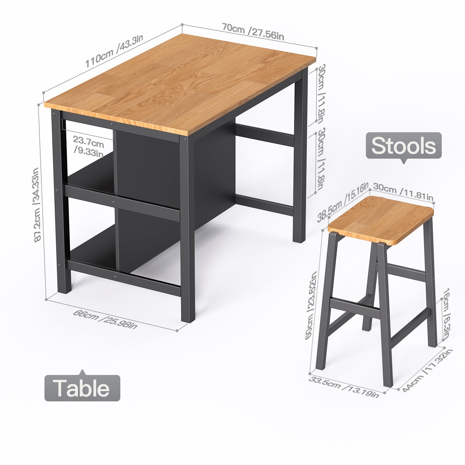 3 Pcs Dining Table Set Rustic Retro Breakfast Table Dining Stools Rubberwood For 2 With Two Open Shelves For Small Space Kitchen Dining Room W69165661 Black Rubber Wood