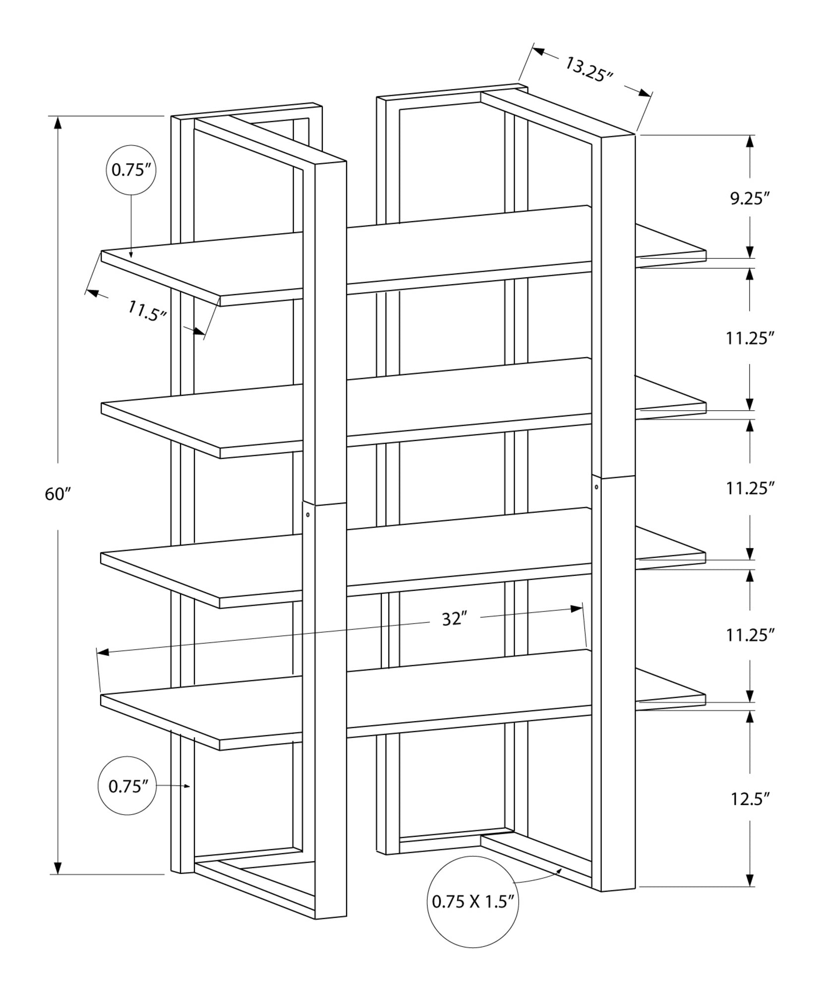 Bookshelf, Bookcase, Etagere, 4 Tier, 60"H, Office, Bedroom, Brown Laminate, Black Metal, Contemporary, Modern Taupe Mdf