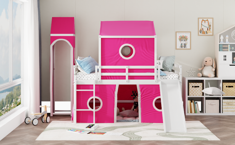 Full Size Loft Bed With Slide Pink Tent And Tower Pink Old Sku:Wf298771Aah Full Pink Solid Wood