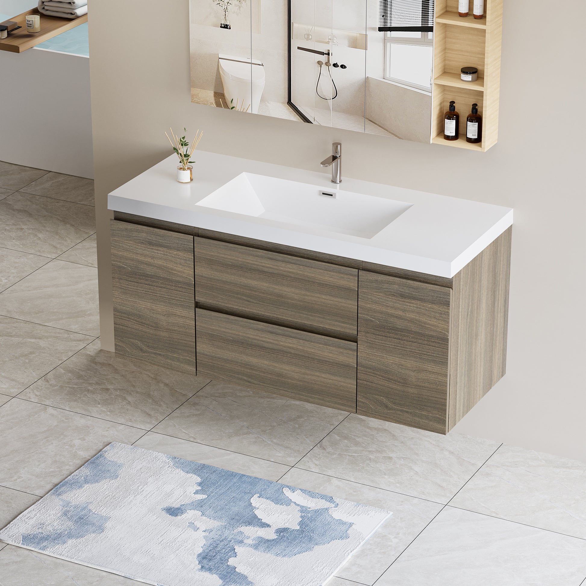 48" Floating Bathroom Vanity with Sink, Modern Wall 2-grey-2-bathroom-melamine