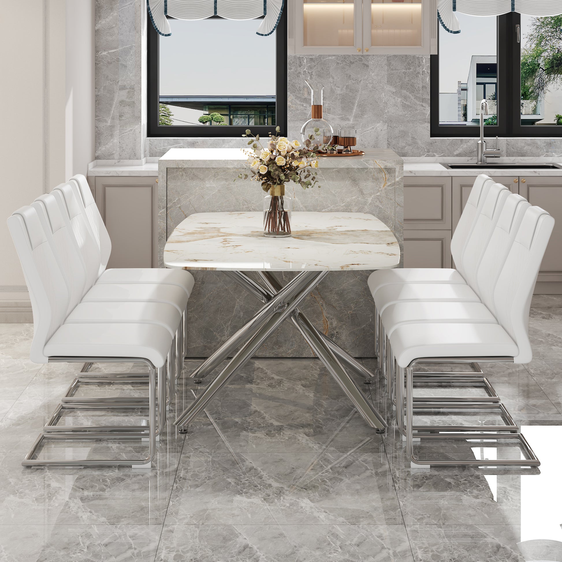 Table And Chair Set.Modern Luxurious White Marble Patterned Tempered Glass Dining Table With 8 Chairs.Single Fork Silver Metal Table Legs.White High Quality Pu Dining Chairs With Silver Metal Legs.