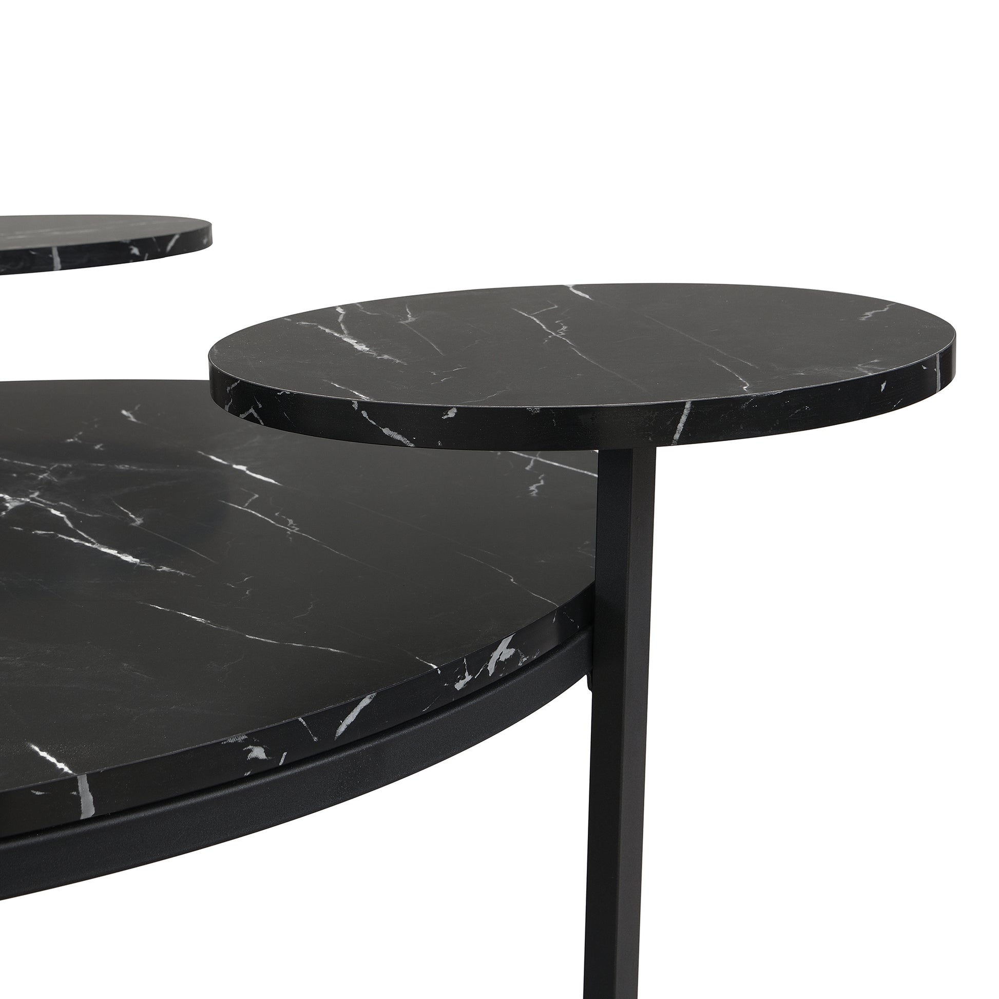 Modern Coffee Table With Two Display Shelves, Black Faux Marble Surfaces, Tripod Inspired Base,Rounded Tabletop Edges Matte Black Mdf