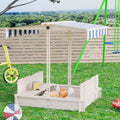 Outsunny Wooden Kids Sandbox With Cover, Children Outdoor Sand Box With Foldable Bench Seats, Adjustable Canopy, Bottom Liner For Outdoor, Natural Blue Wood