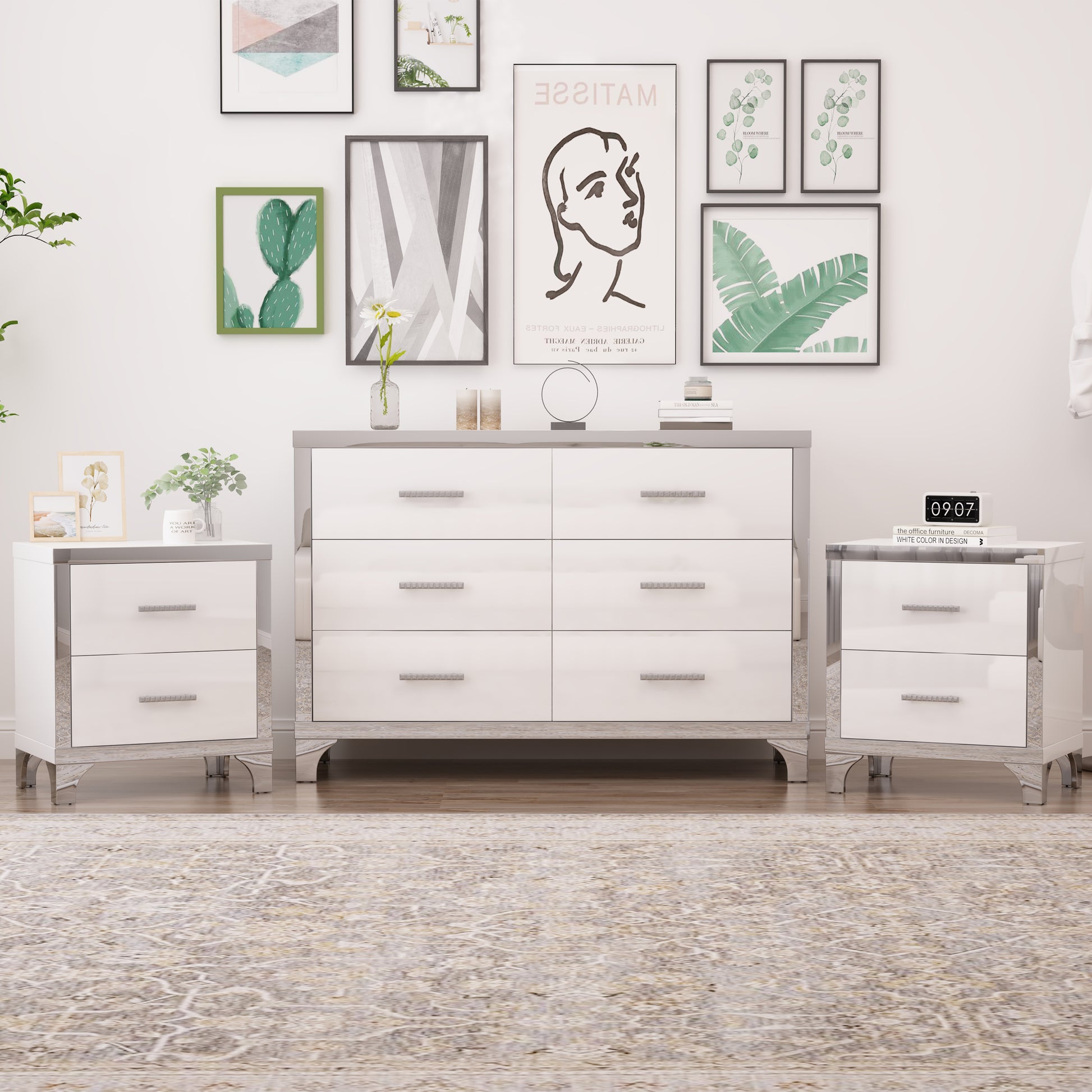 3 Pieces Sets,Dresser And Two Nightstands With Metal Handles And Mirror Decoration, Elegant And Subtle,White White 3 Piece Set Mdf