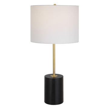 Lily 28 Inch Accent Lamp, White Round Hardback Drum Shade, Black, Gold White Black Fabric Metal