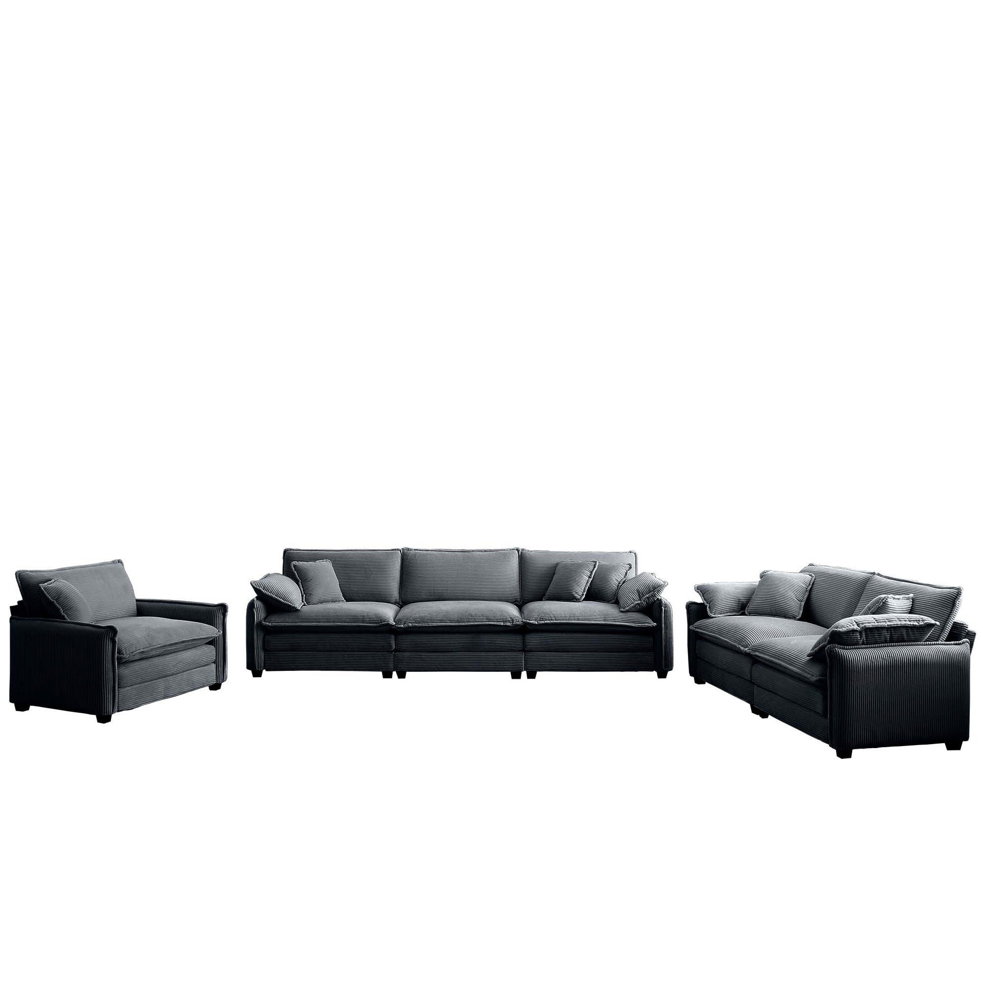 3 Piece Comfortable Oversized Sectional Sofa, One Single Sofa And One 2 Seater Sofa And One 3 Seater Sofa ,Grey Corduroy Deep Seat Sofa Grey Corduroy 6 Seat