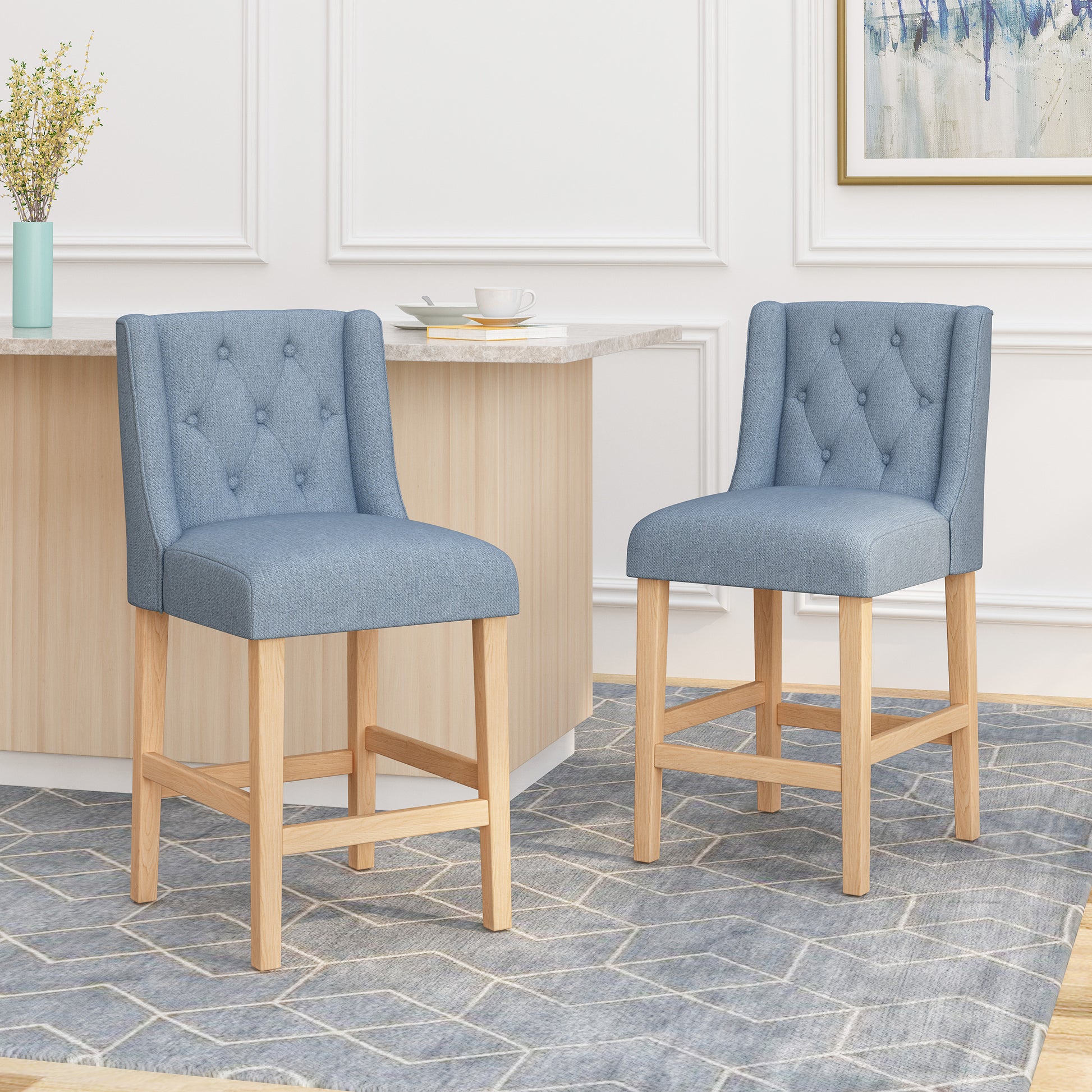 Vienna Contemporary Fabric Tufted Wingback 27 Inch Counter Stools, Set Of 2, Light Blue And Natural Light Blue Natural Fabric