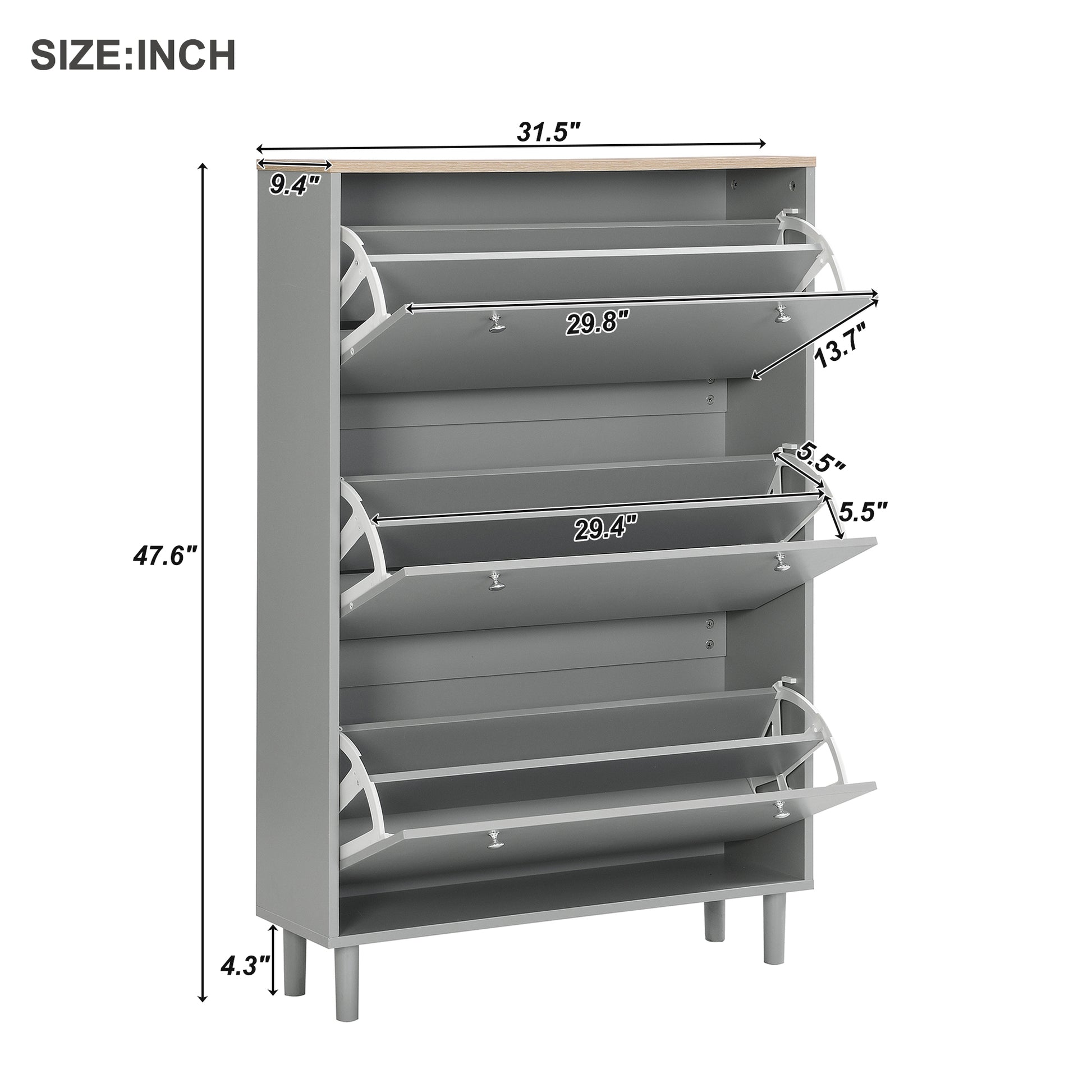 Narrow Design Shoe Cabinet With 3 Flip Drawers, Wood Grain Pattern Top Entryway Organizer With 3 Hooks, Free Standing Shoe Rack With Adjustable Panel For Hallway, Grey Freestanding 3 4 Drawers Grey Primary Living Space Shelves Included Particle Board