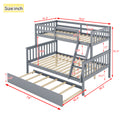 Twin Over Full Rubber Wood Bunk Bed With Trundle, Convertible Ladder And Guardrail, Detachable, Convertible Bed, With Twin Size Trundle ,Grey Twin Grey Rubber Wood