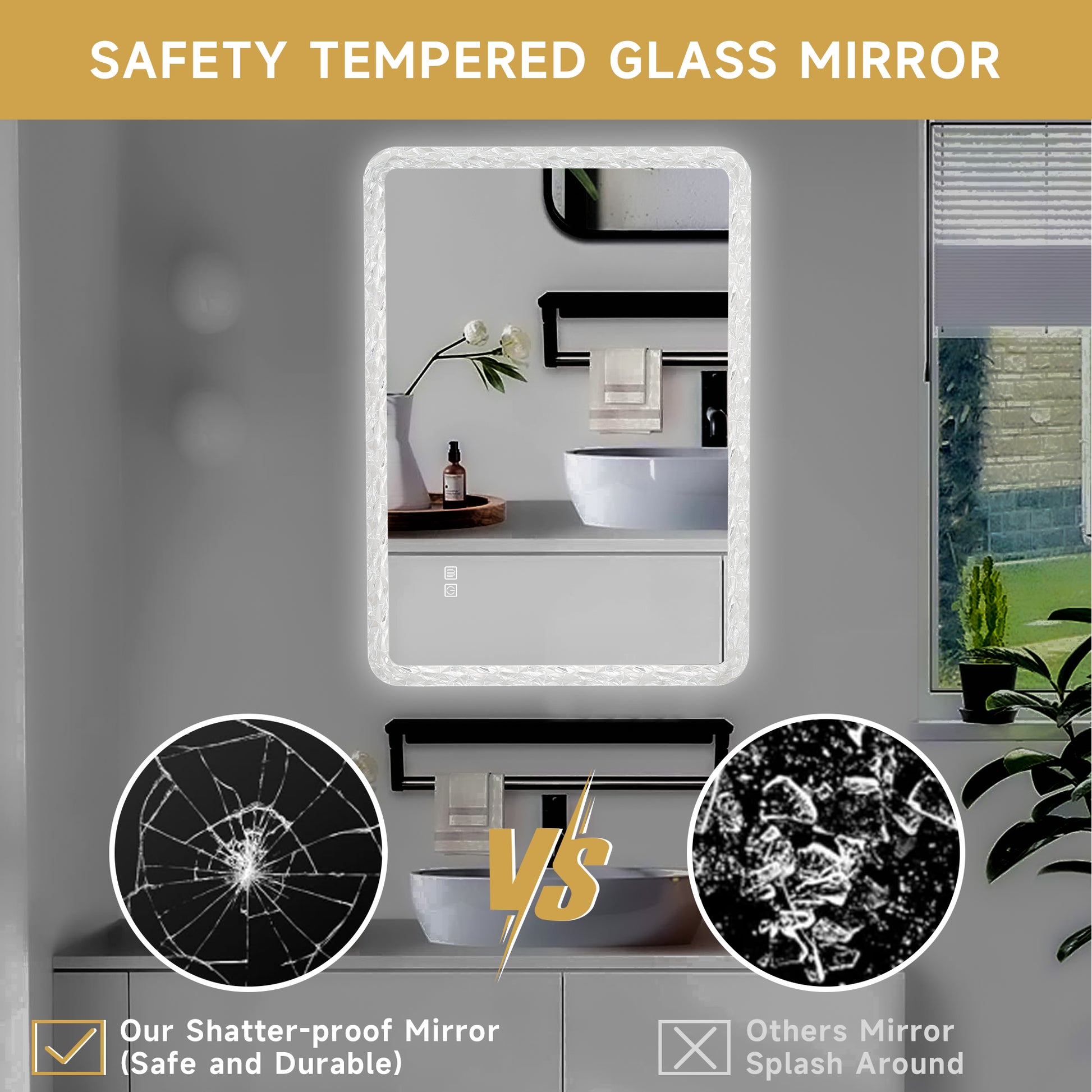 38.5X25 Inches Bathroom Mirror With Led Lights, Smart Mirror With Anti Fog And Adjustable Brightness Function, Wall Mount Makeup Mirror With Crystal Acrylic Frame Transparent Glass Acrylic