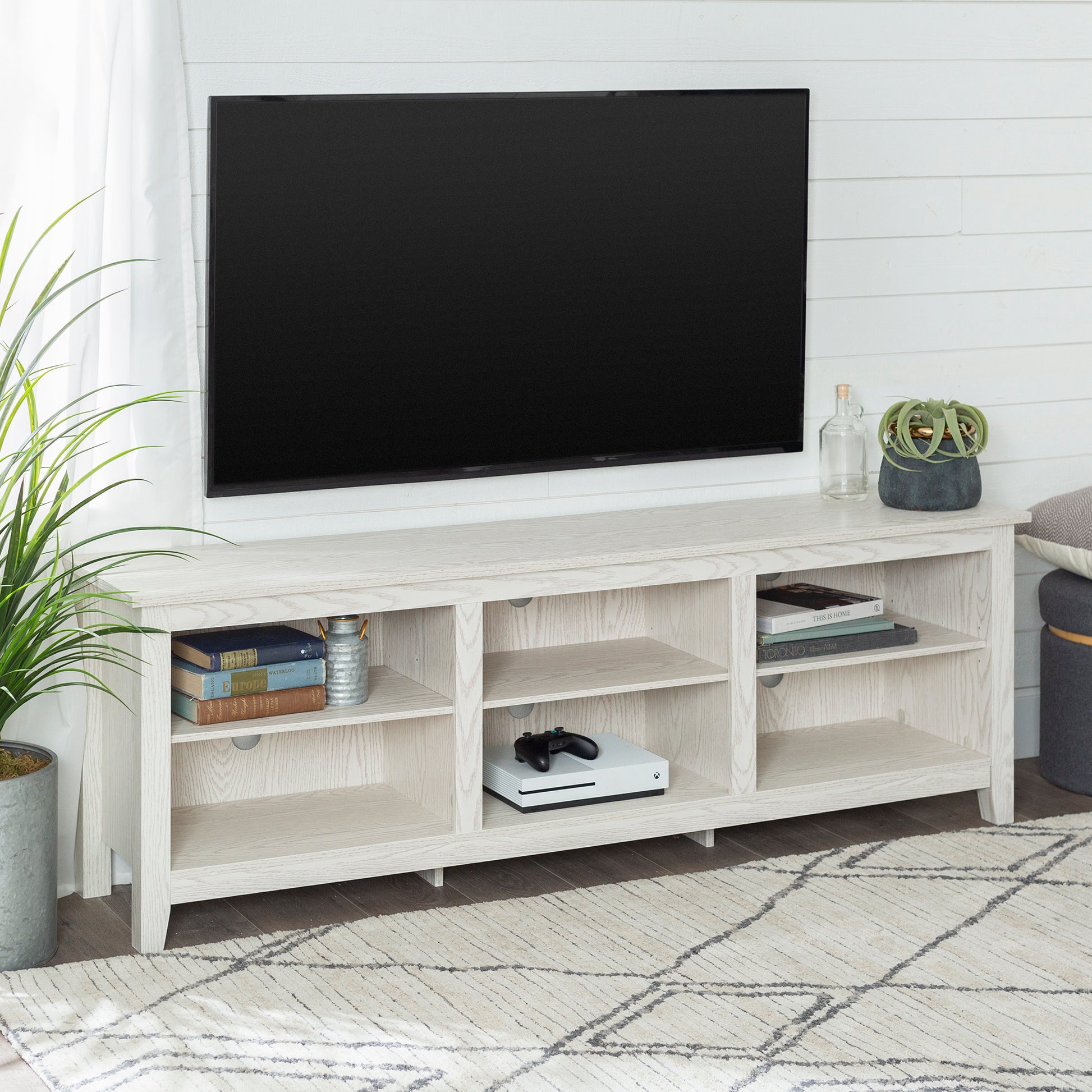 Modern Transitional 3 Shelf Open Storage 70" Tv Stand For 80" Tvs White Wash White Washed Mdf