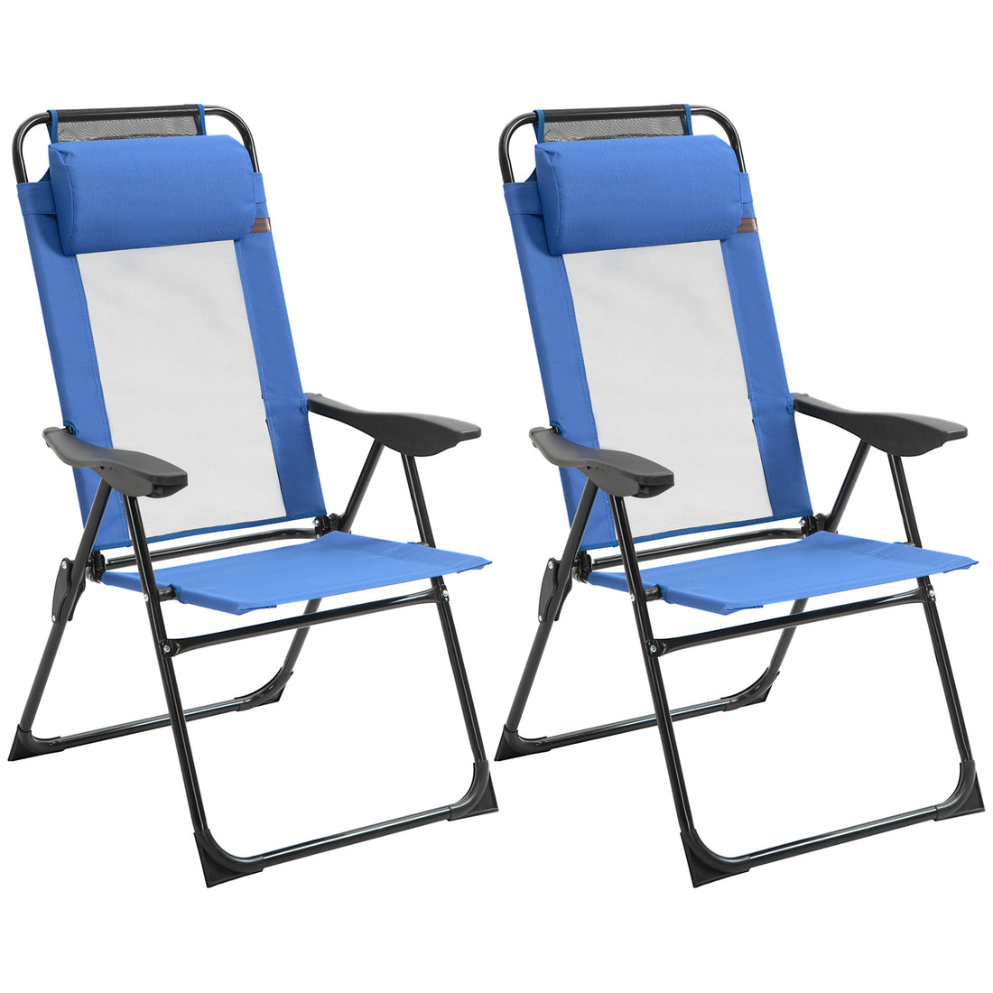 Outsunny Folding Patio Chairs Set Of 2, Outdoor Deck Chair With Adjustable Sling Back, Camping Chair With Removable Headrest For Garden, Backyard, Lawn, Blue Blue Steel
