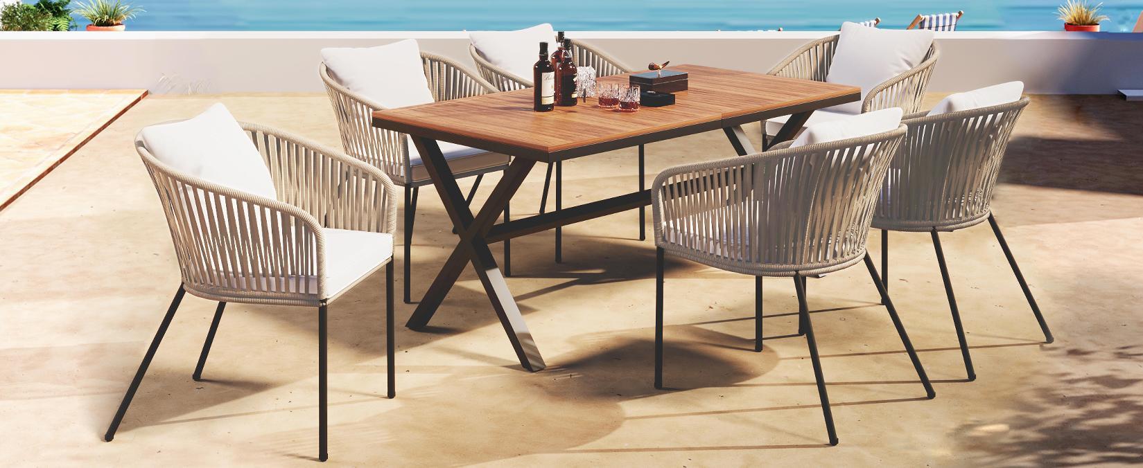 7 Pieces Patio Dining Set, All Weather Outdoor Furniture Set With Dining Table And Chairs, Acacia Wood Tabletop, Metal Frame, For For Garden, Backyard, Balcony, Beige Yes Beige Seats 6 Garden &