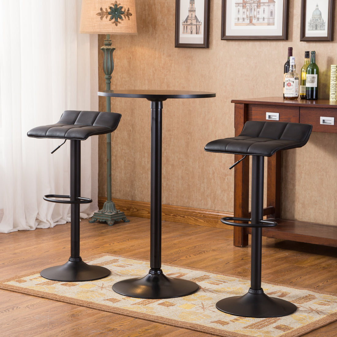 Belham Black Round Top With Black Leg And Base Metal Bar Table And 2 Swivel Black Bonded Leather Adjustable Bar Stool Bar Sets Metal Wood Black Seats 2 Metal Dining Room Fixed Table Round Dining Table With Chair Mdf Metal