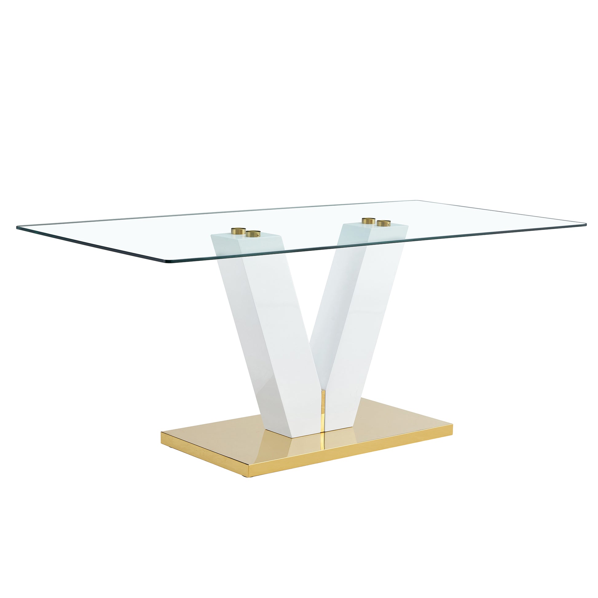 Large Modern Minimalist Rectangular Glass Dining Table For 4 8 People With 0.39" Tempered Glass Tabletop And Mdf Slab V Shaped Bracket,For Kitchen Dining Living Meeting Room Banquet Hall F V