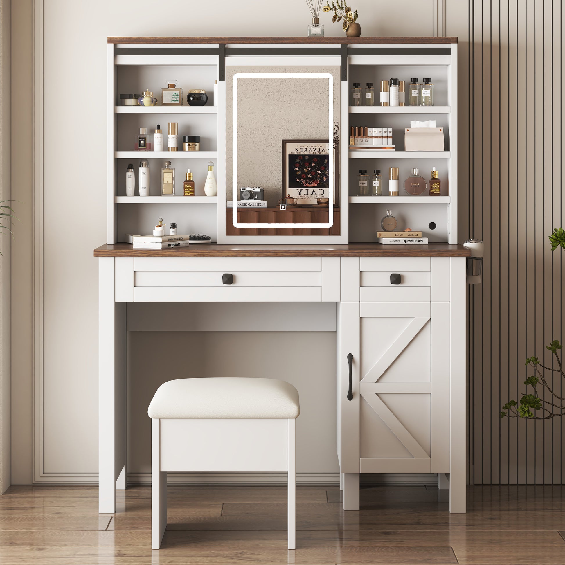 Farmhouse Makeup Vanity Desk With Sliding Mirror And Lights And Hairdr Farmhouse Makeup Vanity Desk With Sliding Mirror And Lights And Hairdr