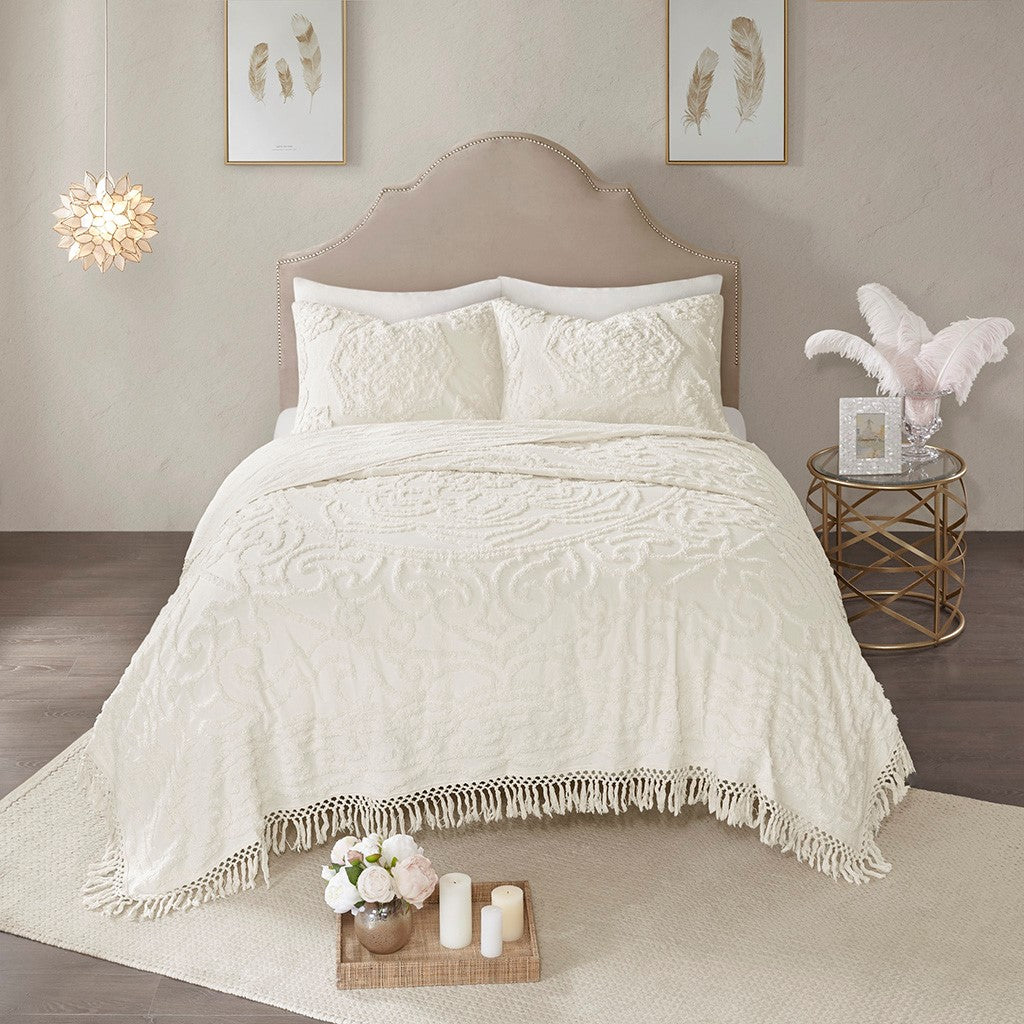 Tufted Cotton Chenille Medallion Fringe Coverlet Mini Set Off White King Cal King King Off White Cotton