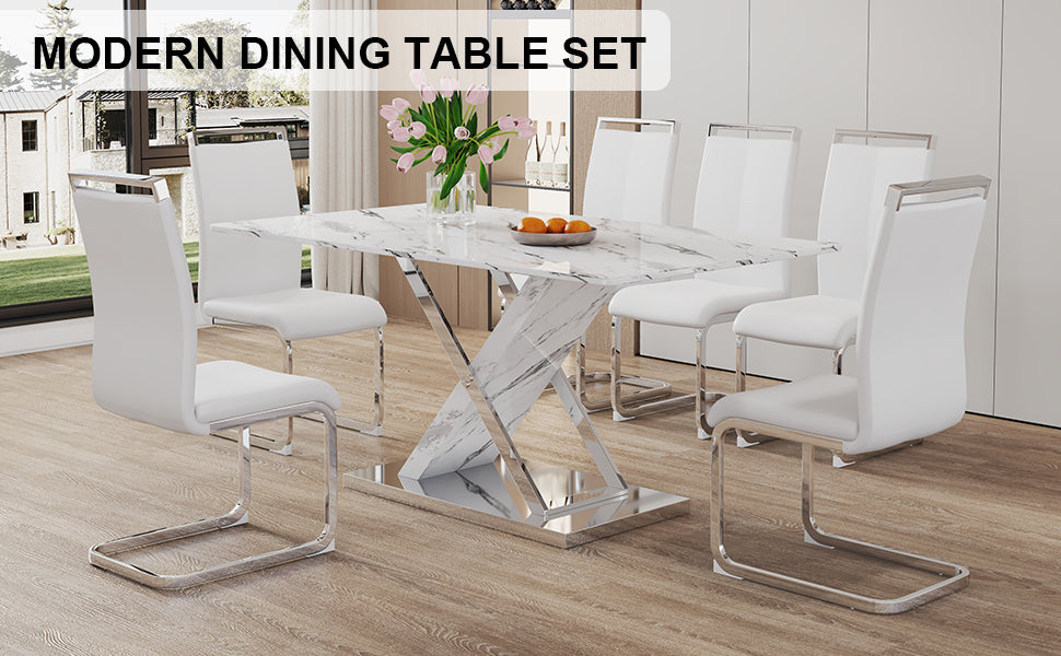 Table And Chair Set, Modern Dining Table, Imitation Marble White Top And Silver Legs, Soft And Comfortable Dining Chair, Perfect For Dinner, Meetings, Home And Office Decor White Silver Glass Metal