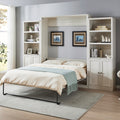 Queen Size Half Self Close And Open Murphy Bed With 2 Side Cabinet Storage Shelf, Cabinet Space Saving Bed Perfect For Guest Room, Bed Room, Guest Room, Home Office, Rustic White Box Spring Not Required Queen Rustic White Wood White Pine Murphy Solid