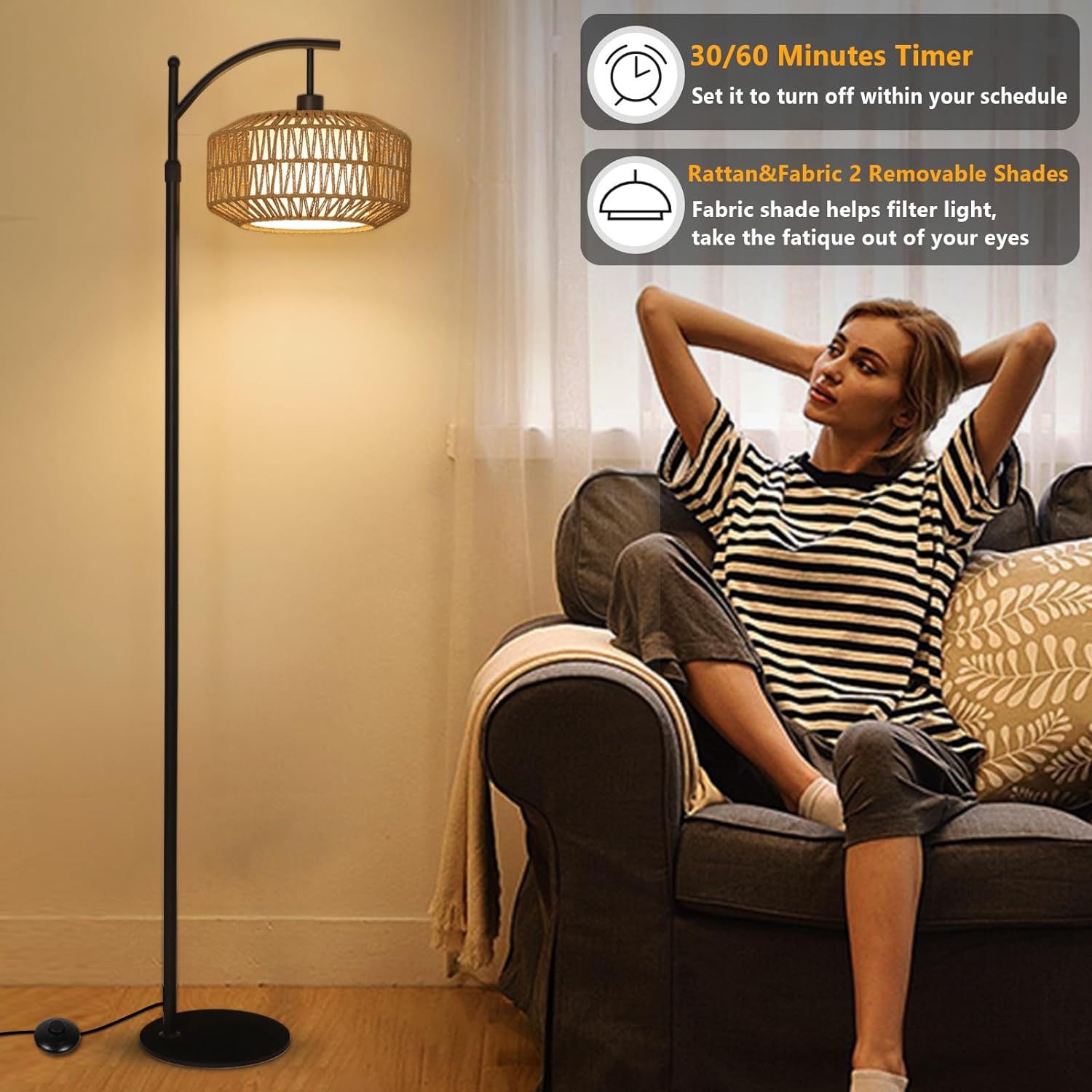 Arc Floor Lamps For Living Room, Dimmable Rattan Floor Lamp With Remote & Led Bulb, Mid Century Modern Standing Lamp With Double Shades, Boho Farmhouse Tall Pole Lamps For Bedroom Office Brown Black Rattan Metal