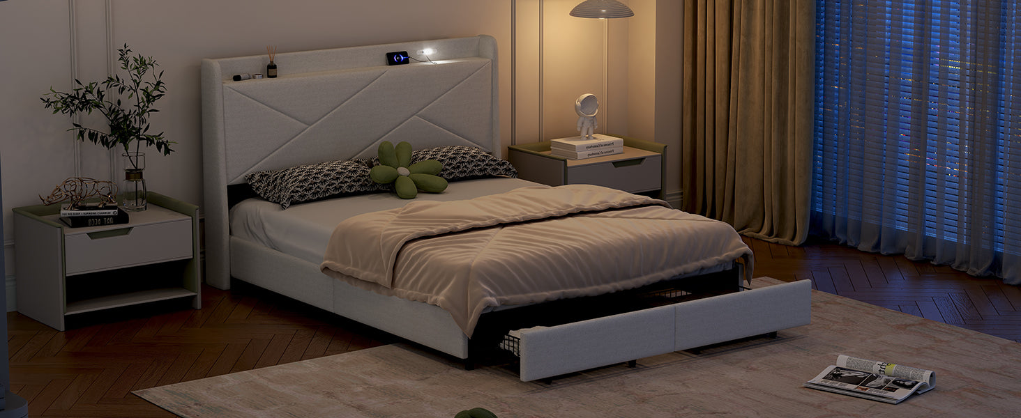 Queen Size Upholstery Platform Bed With Storage Headboard, Led, Usb Charging And 2 Drawers, Beige Queen Beige Upholstered