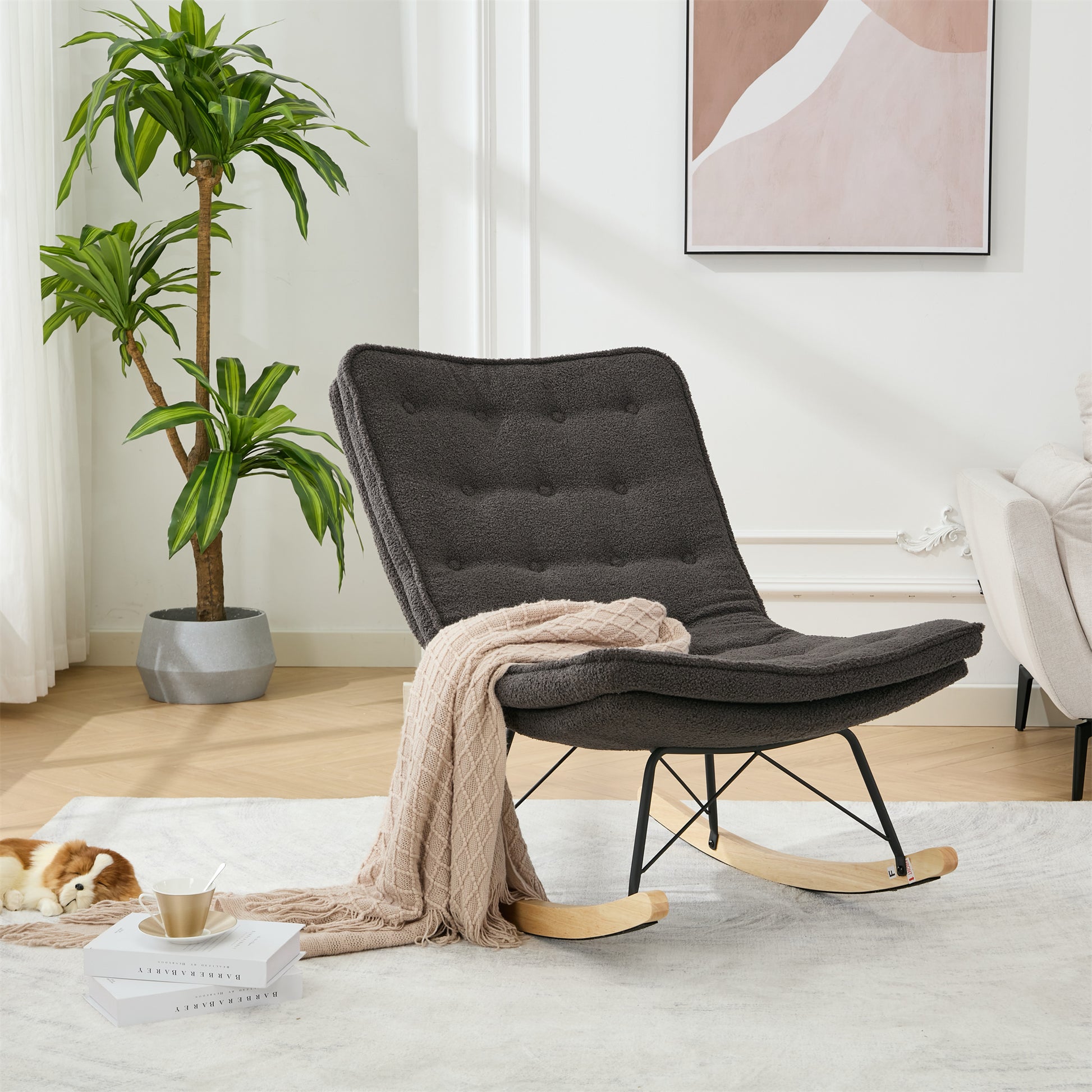 Lazy Rocking Chair,Comfortable Lounge Chair With Wide Backrest And Seat Wood Base, Upholstered Armless Rocker Chair For Living Room, Balcony,Bedroom And Patio Porch. Grey Cushion Iron Grey Primary Living Space Sponge Square Casual Rocking Chairs