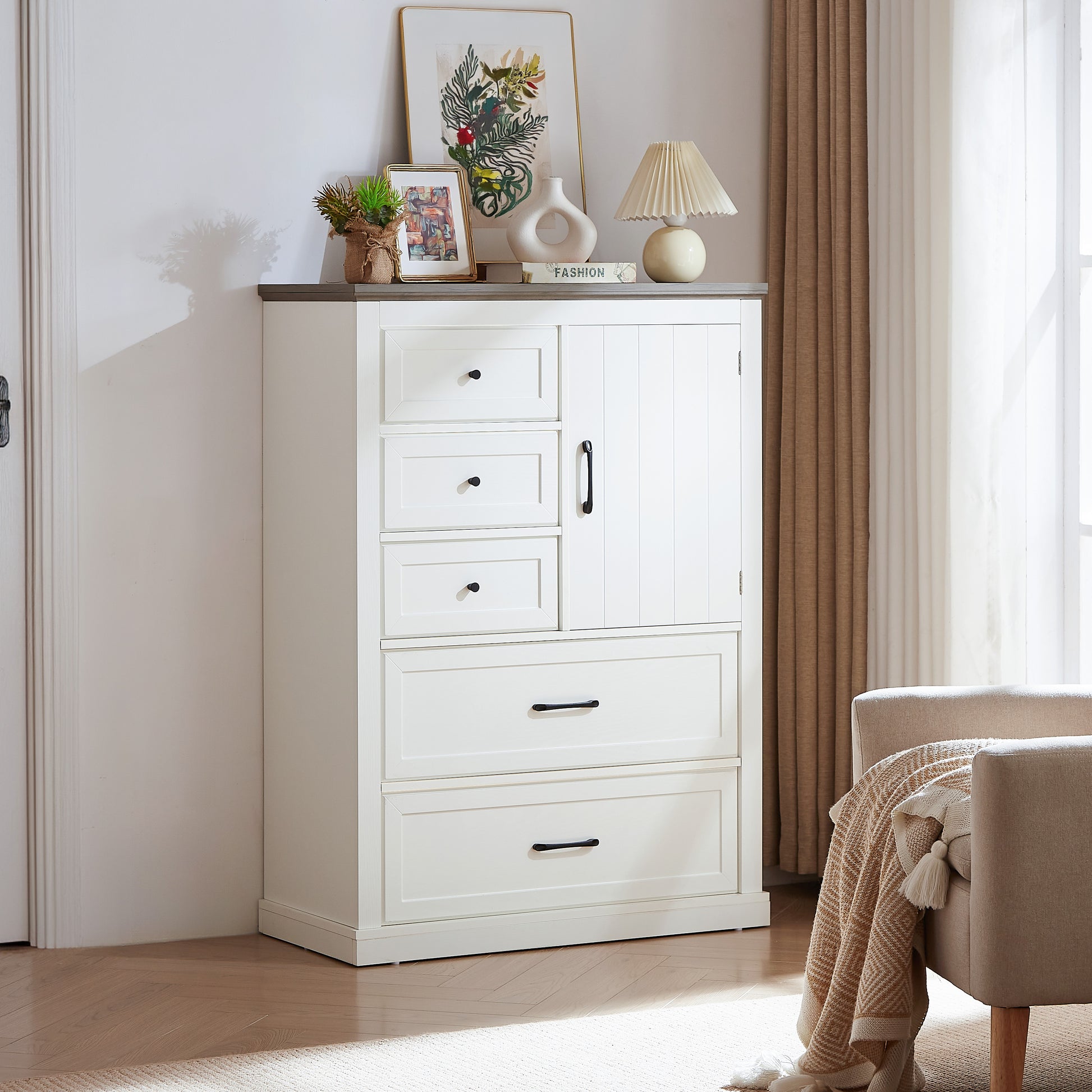 Farmhouse 5 Drawer Dresser For Bedroom, Tall Chest Of Drawers, Chest Of Drawers Organizer Storage,Wood Rustic Bedroom Dresser For Closet, Living Room, Hallway, White. White Gray Particle Board Mdf