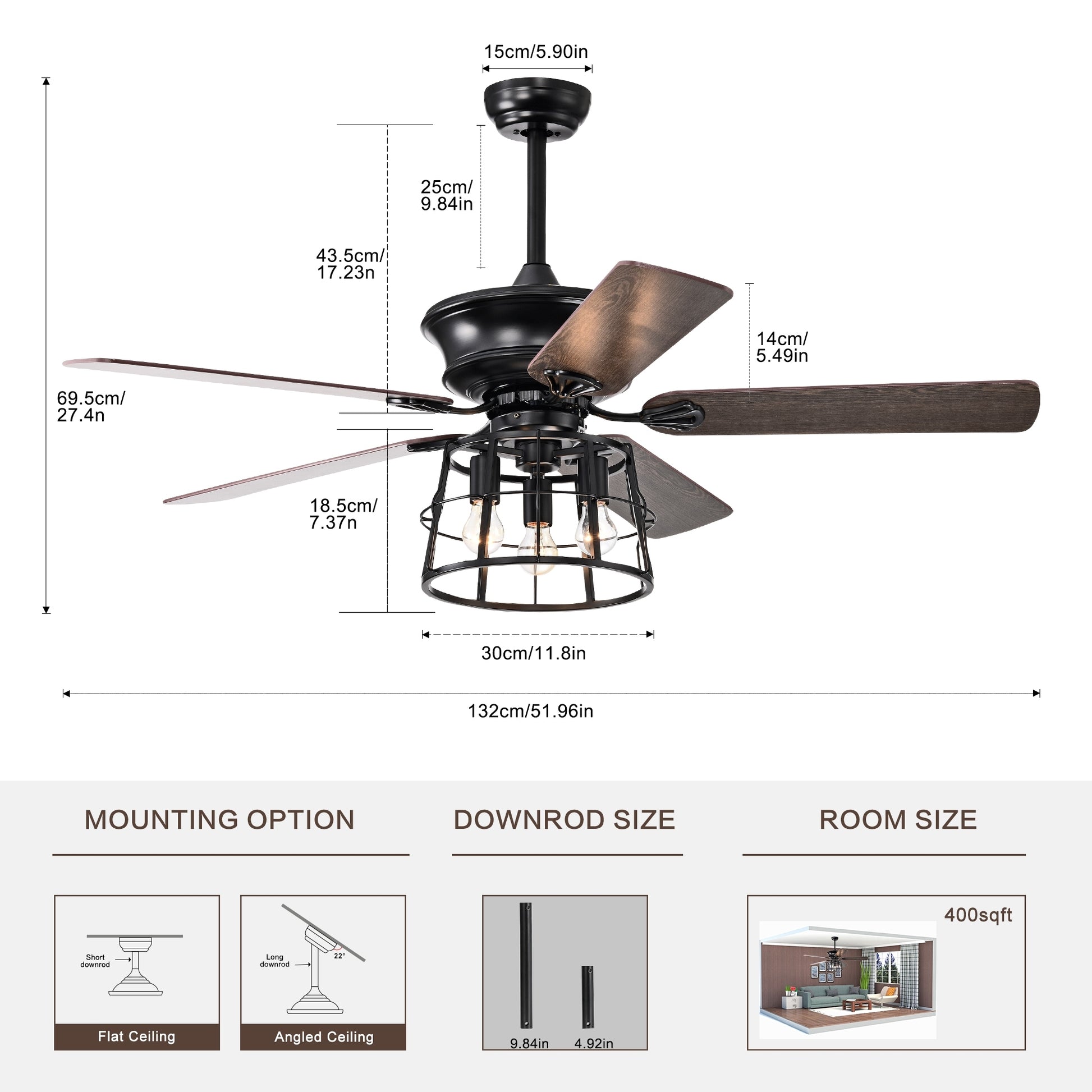 52'' Farmhouse Ceiling Fan With Lights, 52 Inch Industrial Cage Ceiling Fan Light, Indoor Outdoor Ceiling Fan With Remote, Reversible Ac Motor For Farmhouse Patios Bedroom Garage 3&E26 Matte Blac Matte Black American Design,American