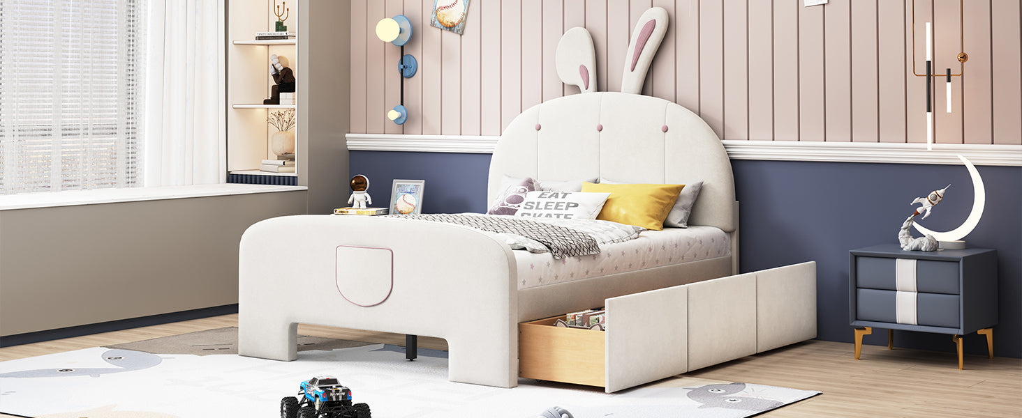 Full Size Velvet Platform Bed With Rabbit Shaped Headboard, With Drawers, With Bed End Storage Pocket, Beige Full Beige Plywood