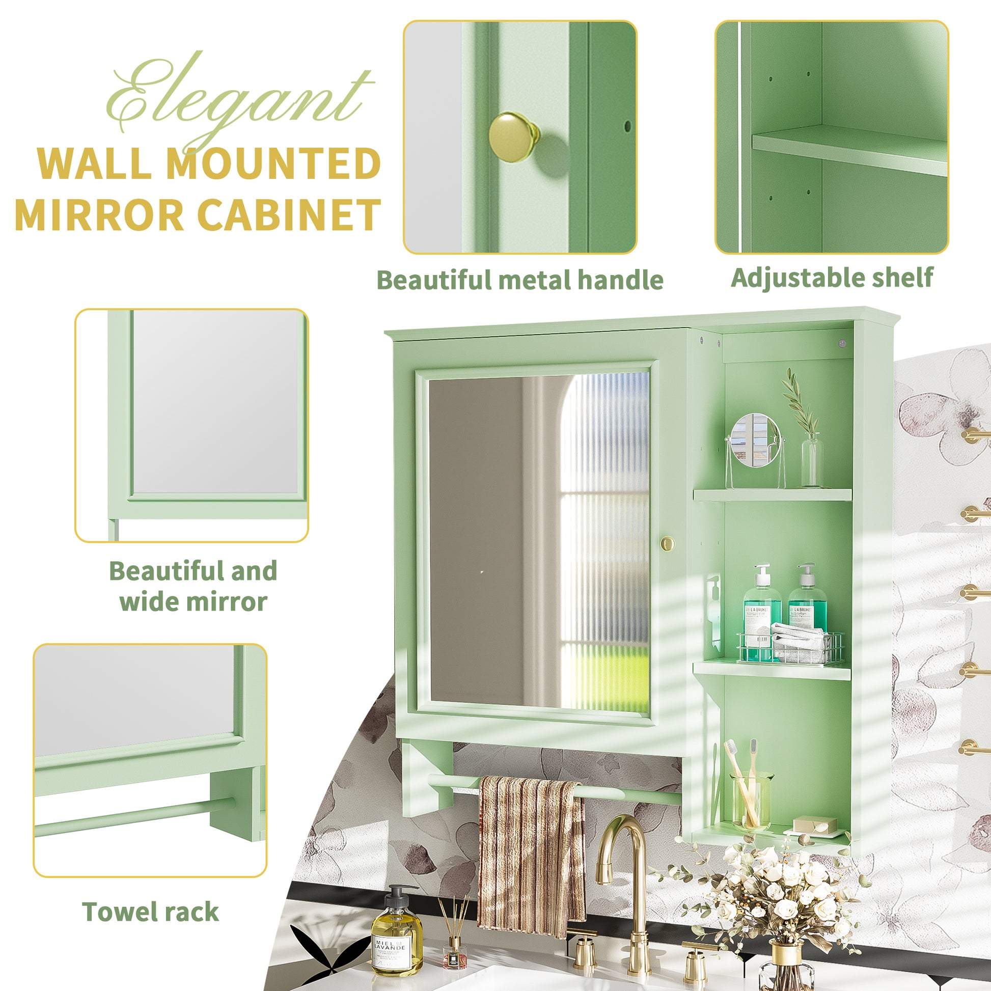 Wall Mounted Bathroom Storage Cabinet, Medicine Cabinets With Large Mirror Door, Adjustable Shelves And Three Open Storage Levels Not Include Bathroom Vanity Green 1 5 Mirror Included Bathroom Wall Mounted Mdf Glass Painted