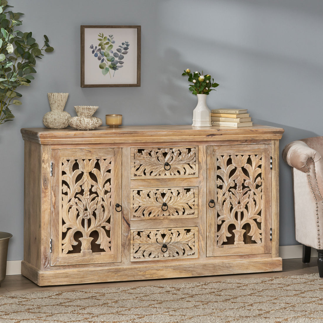 3 Drawer Sideboard Antique White Wood