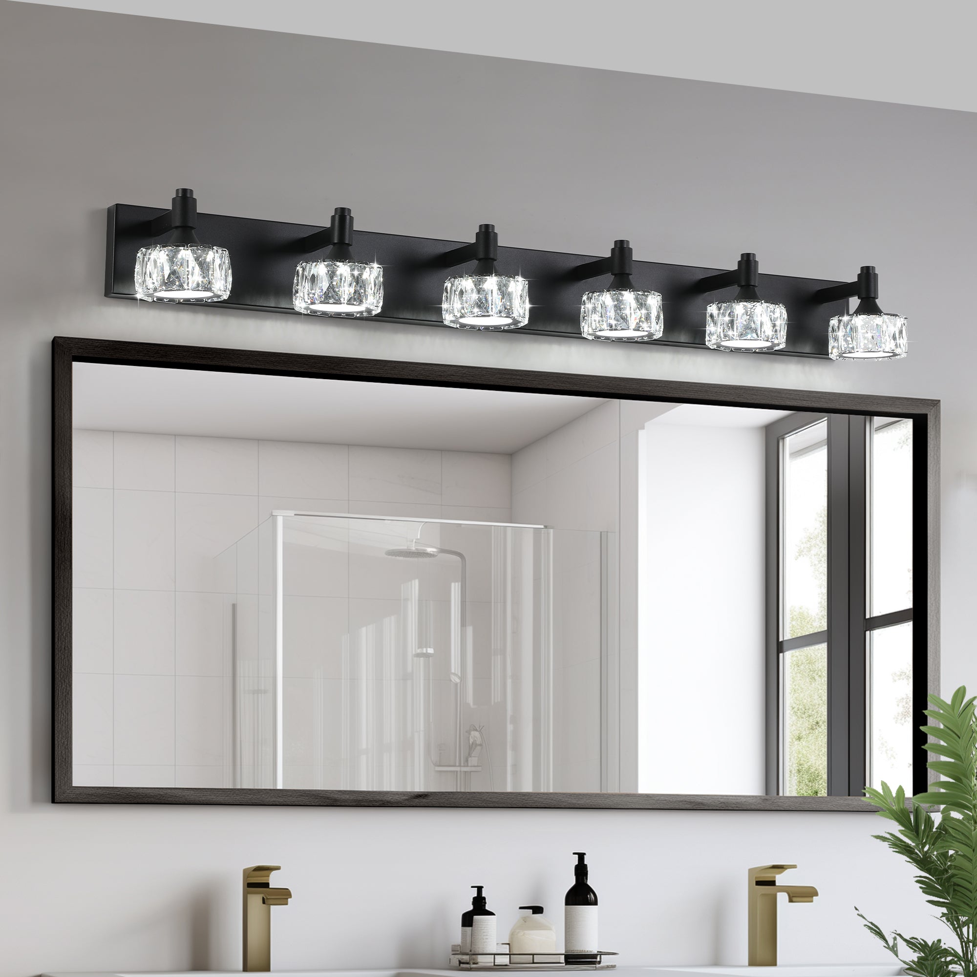 Modern 6 Light Matte Black Led Vanity Light Fixture With Crystal Glass Shades, Bathroom Wall Sconce For Elegant And Contemporary Home Decor Black Crystal,Iron,Pc