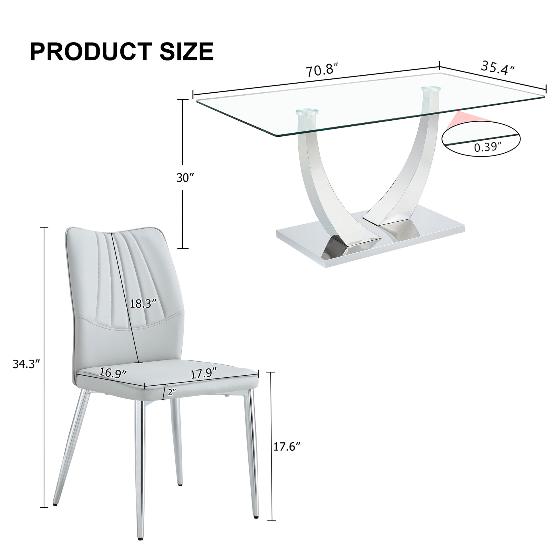 Table And Chair Set.Contemporary, Minimalist Rectangular Dining Table Featuring A Clear Tempered Glass Top And Sleek Silver Legs. Paried With Chairs Made Of Pu Material Cushion And Silver Metal Legs. Light Gray Seats 6 Glass Metal