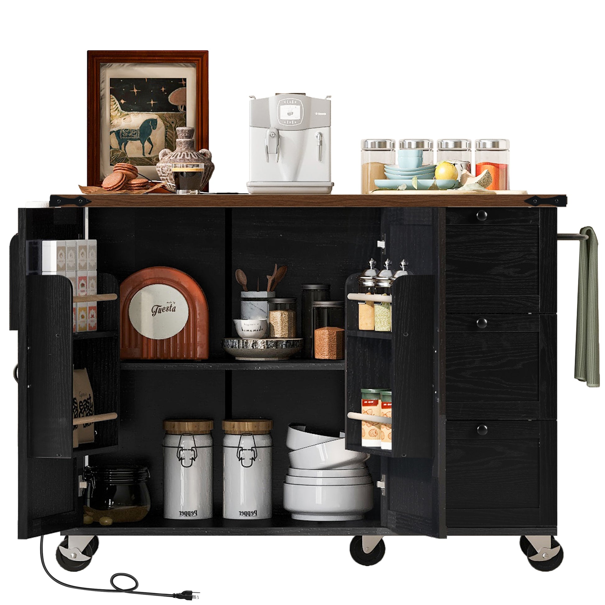 K&K 54.5" Farmhouse Kitchen Island With Power Outlet, Kitchen Storage Island With Internal Storage Rack, Drop Leaf, Spice Rack, Rolling Kitchen Cart On Wheels, For Home, Kitchen And Dining