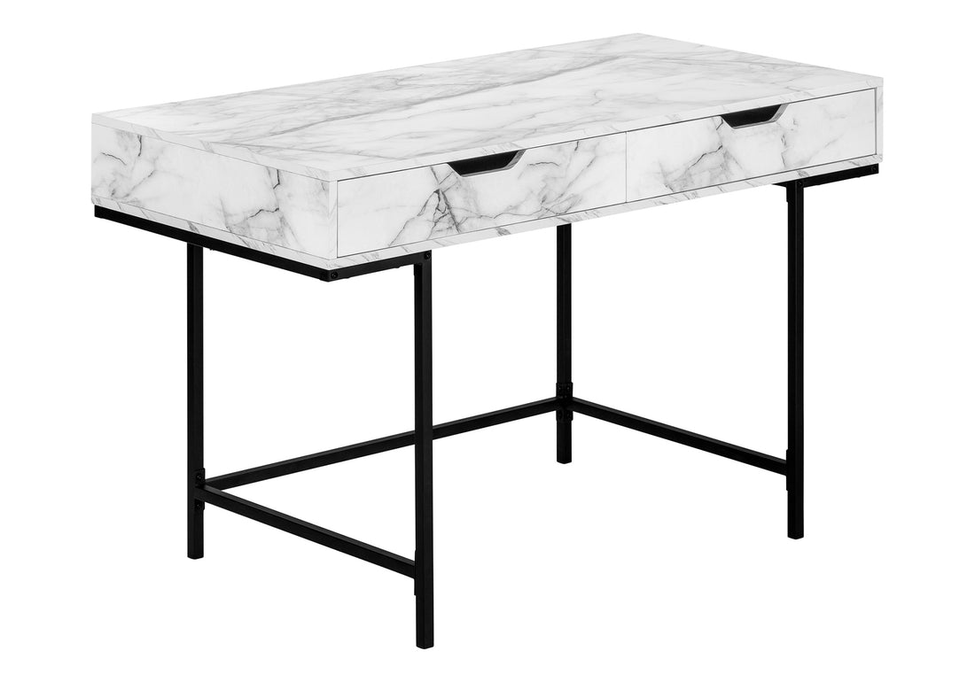 Computer Desk, Home Office, Laptop, Storage Drawers, 48"L, Work, White Marble Look Laminate, Black Metal, Contemporary, Modern White Particle Board