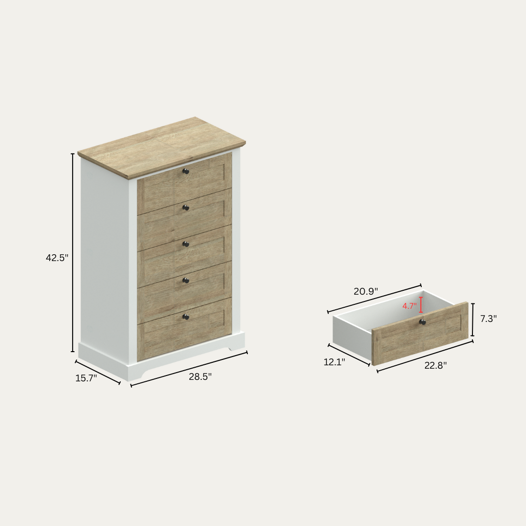 Autumn 5 Drawer Chest With Interlock Drawer Feature Drawer Slide And Interlock Pre Assembly, Drawer Chest For Closet Tall Dressers For Bedroom Clothes Organizer Tool Easy Assembly, White Oak Oak Natural Wood Off White White Bedroom American