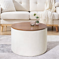 2 Piece Set Round Chenille Storage Ottoman, Equipped With A Drum Shaped Small Stool, Storage Space, And Mdf Made Desktop Panel Beige 23.62