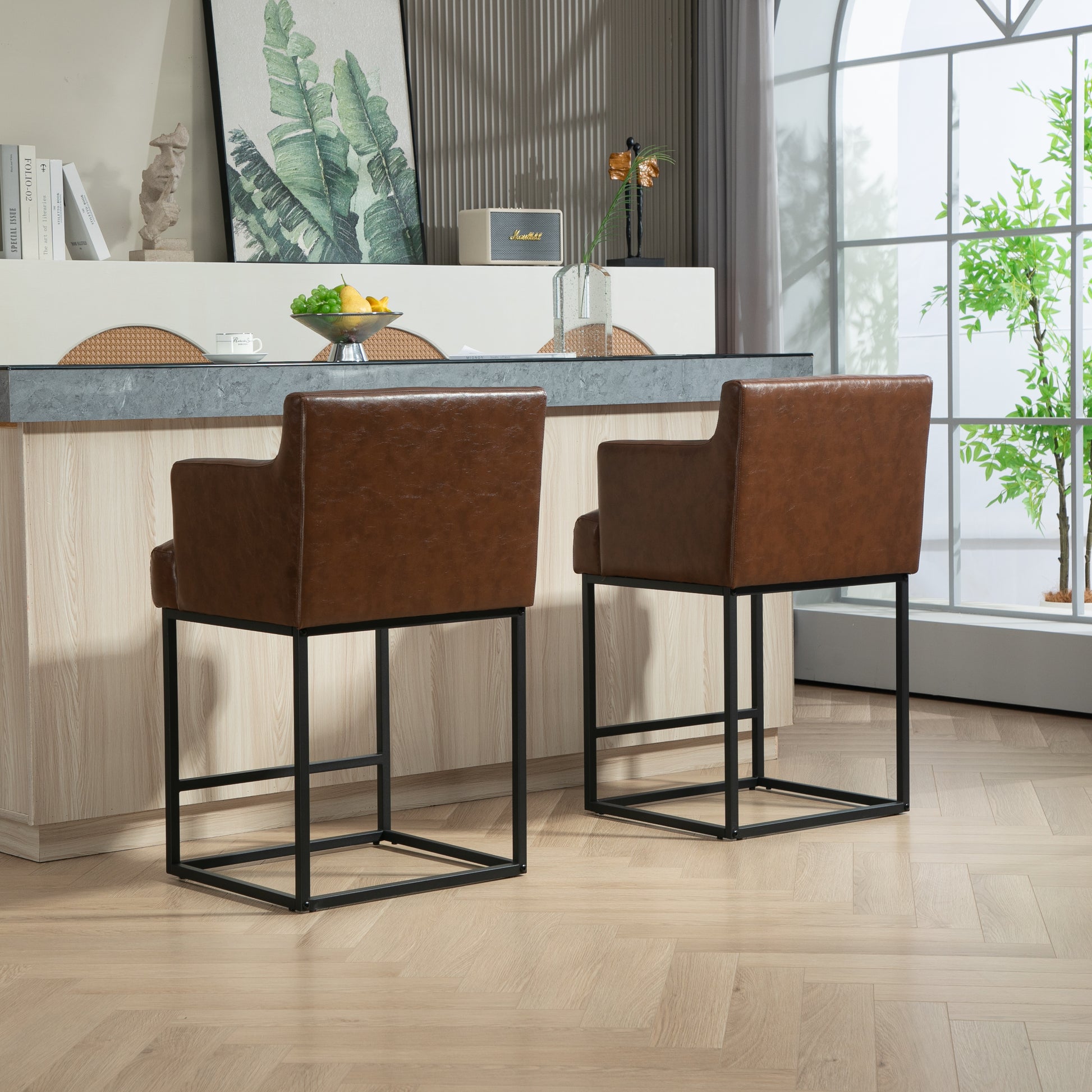 Coolmore Counter Height Bar Stools Set Of 2, Modern Square Bar Stool With Back, Black Metal Frames, Upholstered Bar Stools For Kitchen Island, Pub, Club Brown Pu Brown Pu Primary Living Space Foam Pu