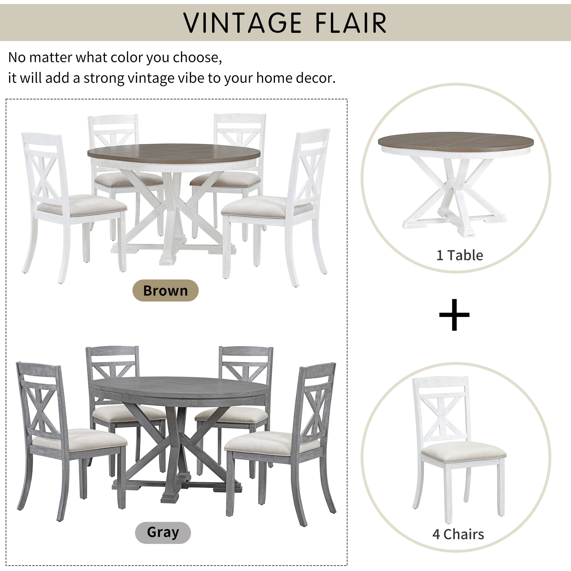 5 Piece Retro Functional Dining Table Set Extendable Round Table And 4 Upholstered Chairs For Dining Room And Living Room Brown Antique White Brown Antique White Solid Wood